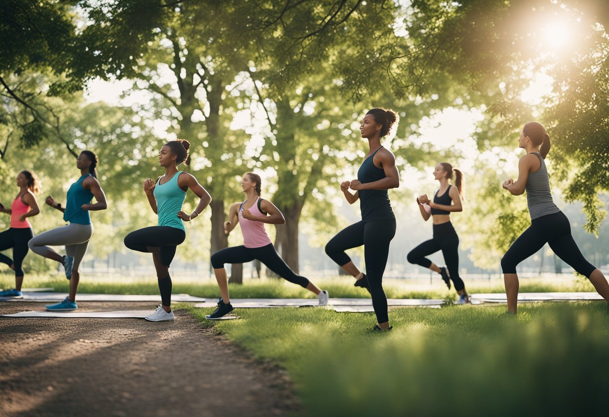 People exercising in a gym, with equipment and weights. Outside, a group doing yoga in a park. A runner on a trail