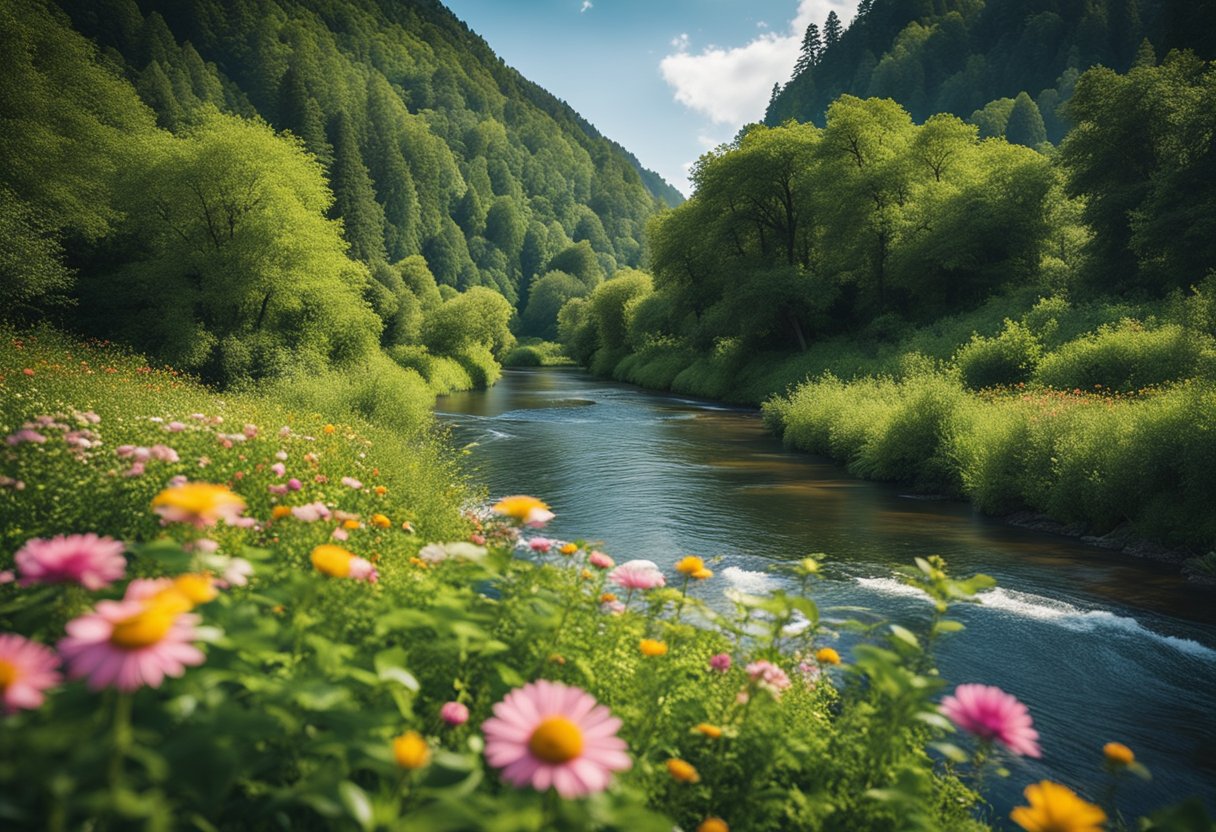 A serene landscape with a calm, flowing river, surrounded by lush greenery and colorful flowers, under a clear blue sky