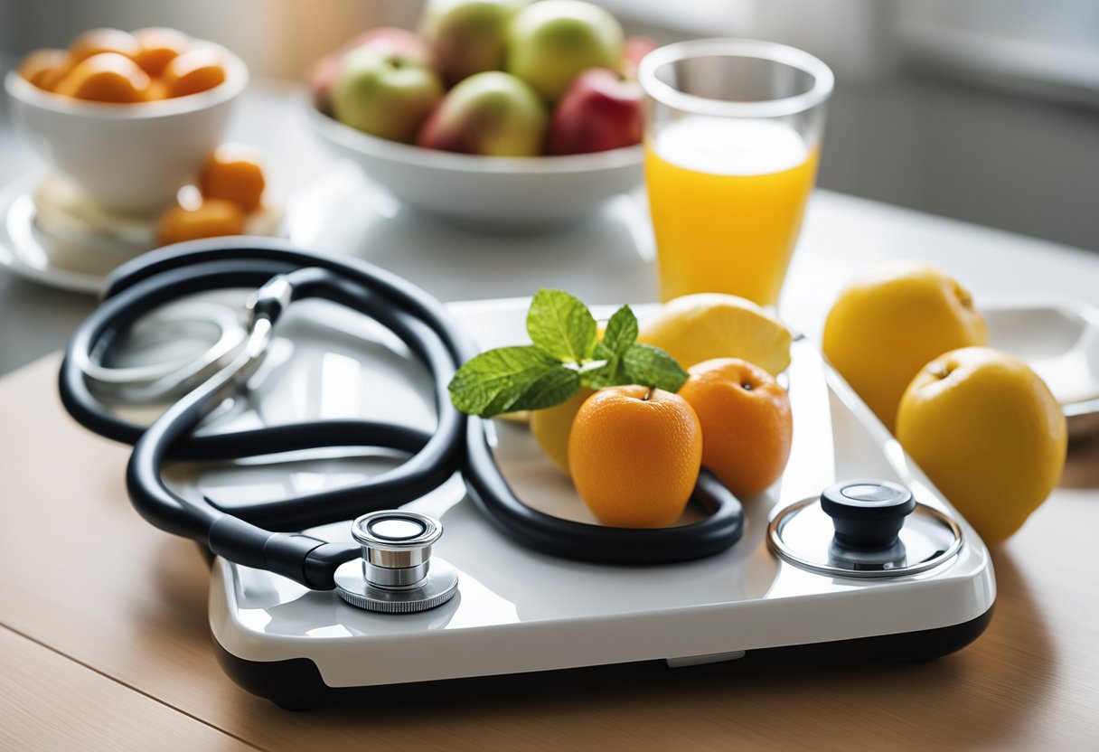 A stethoscope, scale, and healthy food on a table in a bright, clean room