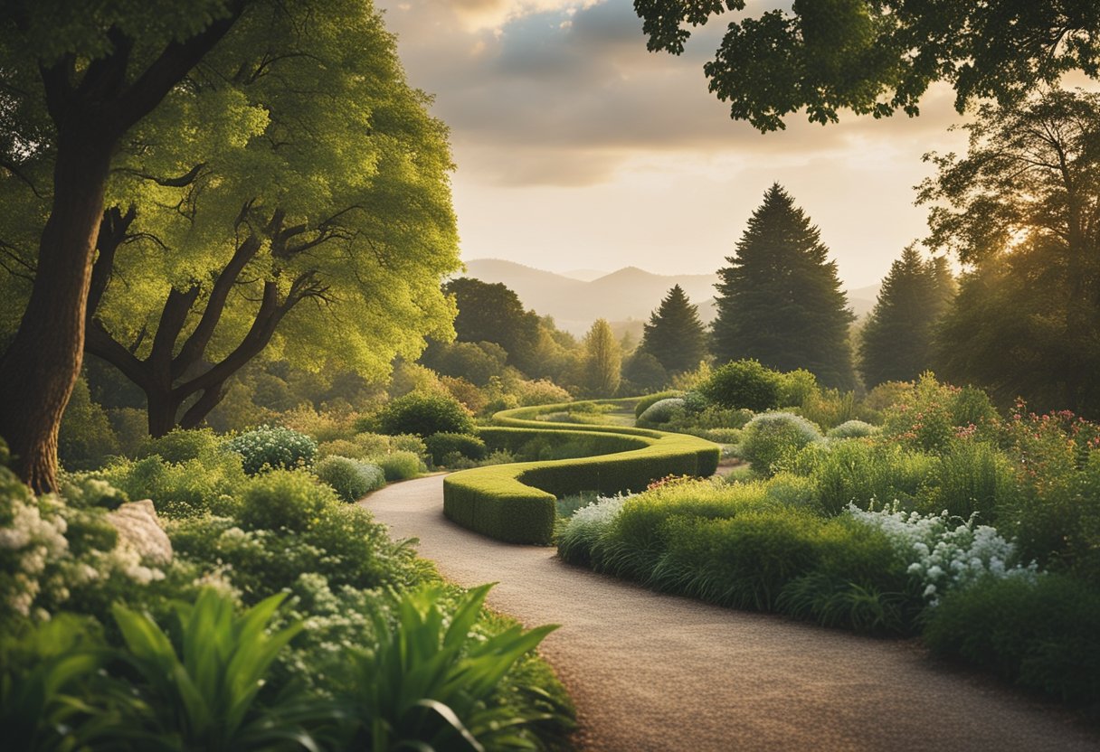 A serene landscape with a winding path leading to a peaceful garden filled with vibrant, healthy plants and trees