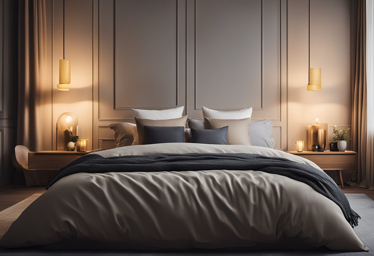 A serene bedroom with a cozy bed, soft pillows, and warm blankets. A dimly lit lamp casts a gentle glow, creating a peaceful atmosphere for rest and recovery