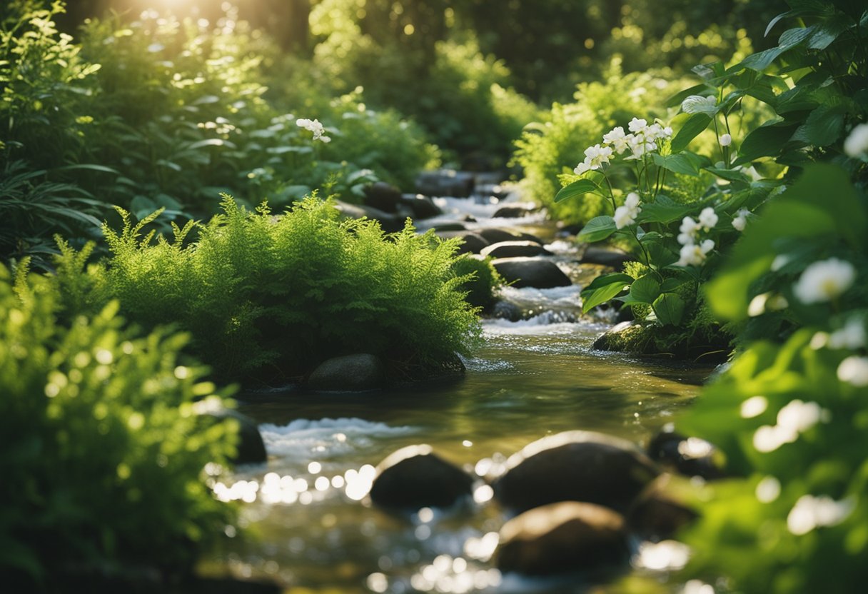 Lush greenery surrounds a bubbling stream, with vibrant herbs and flowers growing alongside. Sunlight filters through the leaves, casting a warm glow on the natural remedies