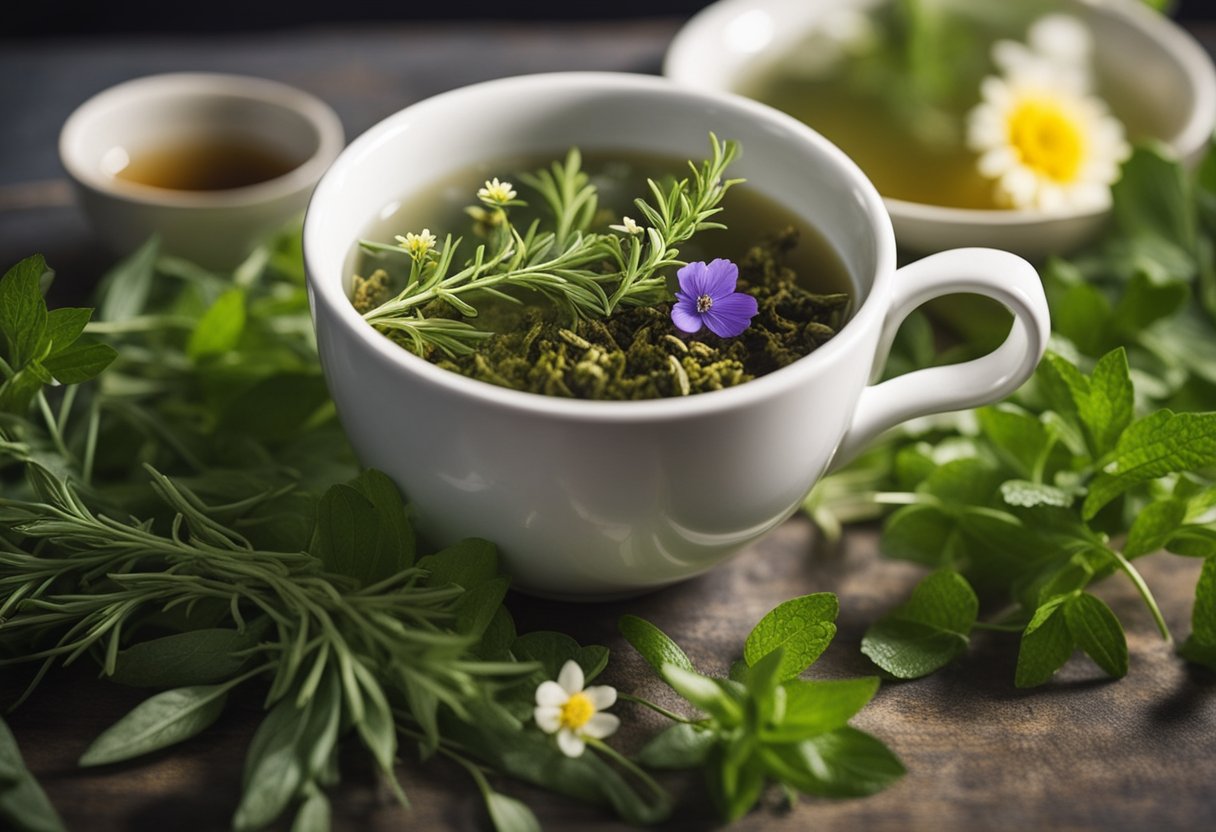 Lush green herbs and flowers intertwine, releasing their healing essence into steaming cups of herbal tea. Sunlight filters through the leaves, casting a warm glow on the natural remedies