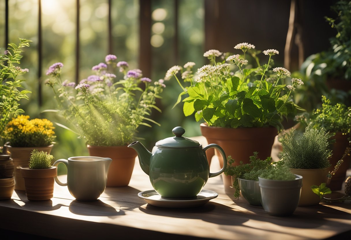 A tranquil garden with vibrant herbs and flowers, a bubbling pot of herbal tea, and rays of sunlight illuminating the scene