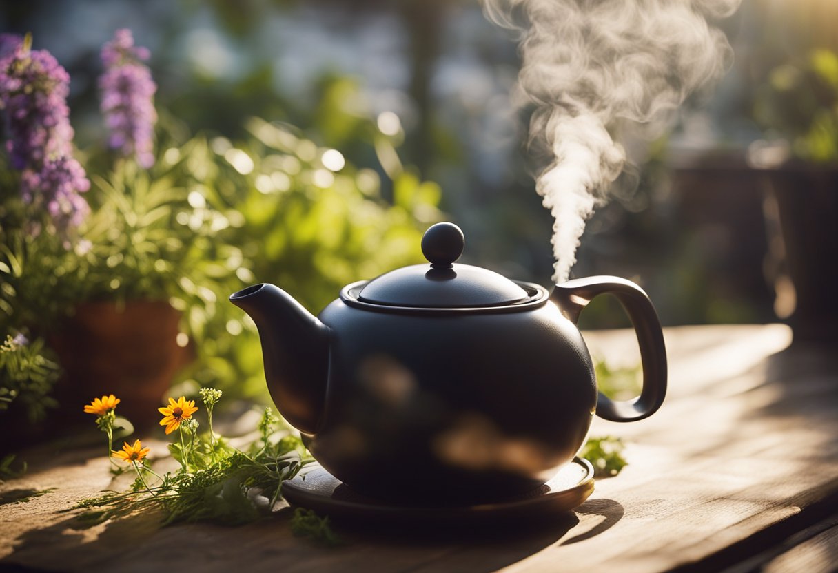 Steam rises from a teapot surrounded by various herbs and flowers. Sunlight filters through the leaves, casting a warm glow on the scene