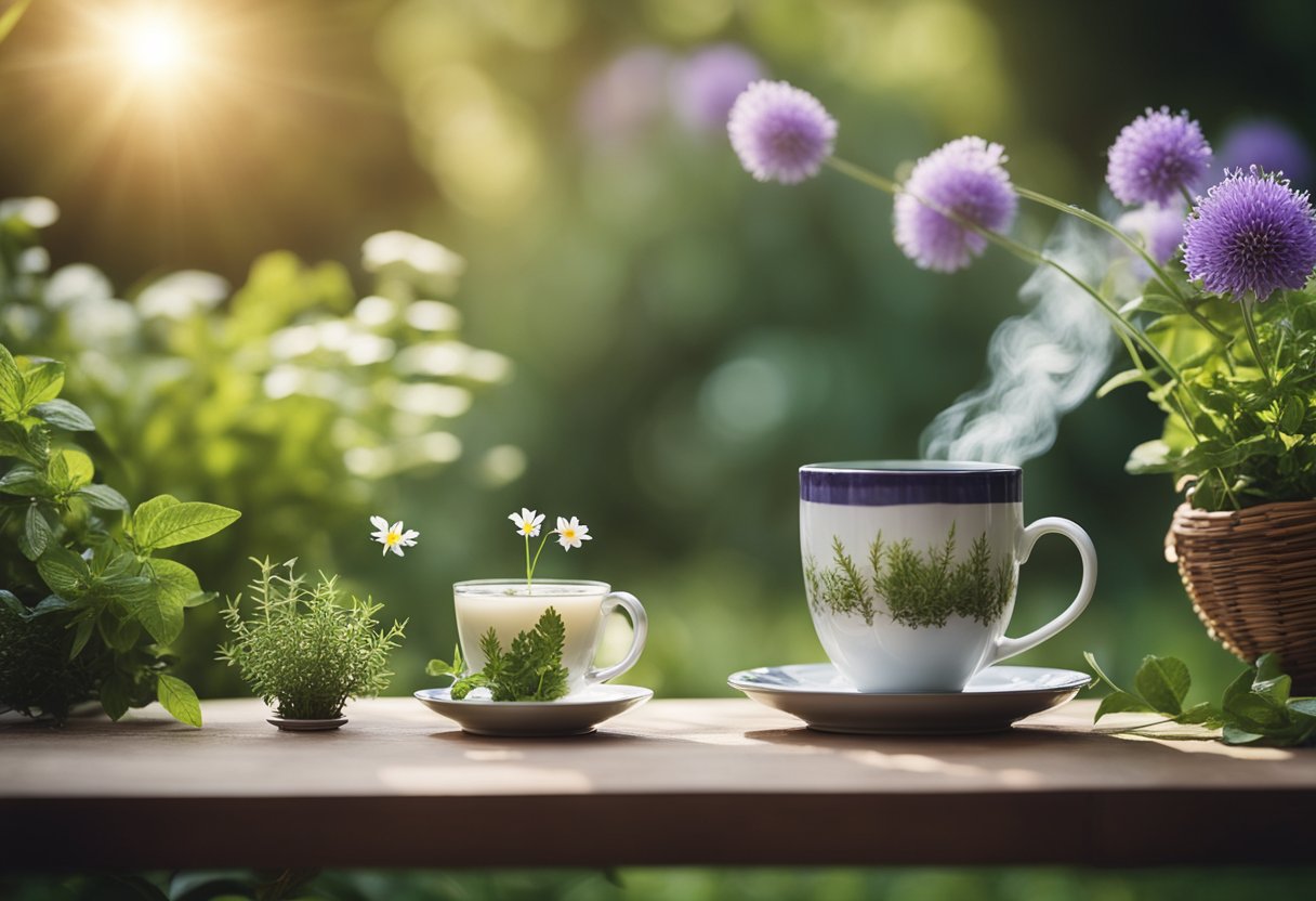 A peaceful garden with various herbs and flowers, a steaming cup of herbal tea, and a serene atmosphere of relaxation and healing