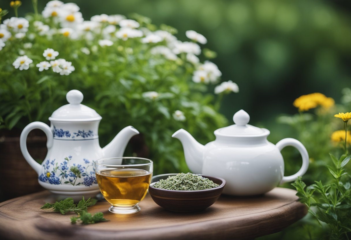 A serene garden setting with various herbs and flowers, a teapot brewing herbal tea, and a cozy nook for relaxation and enjoyment