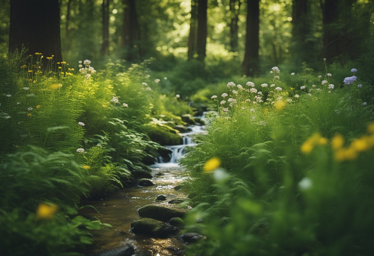 A serene forest clearing with a variety of vibrant, wild herbs and flowers growing among the trees, with a bubbling stream nearby