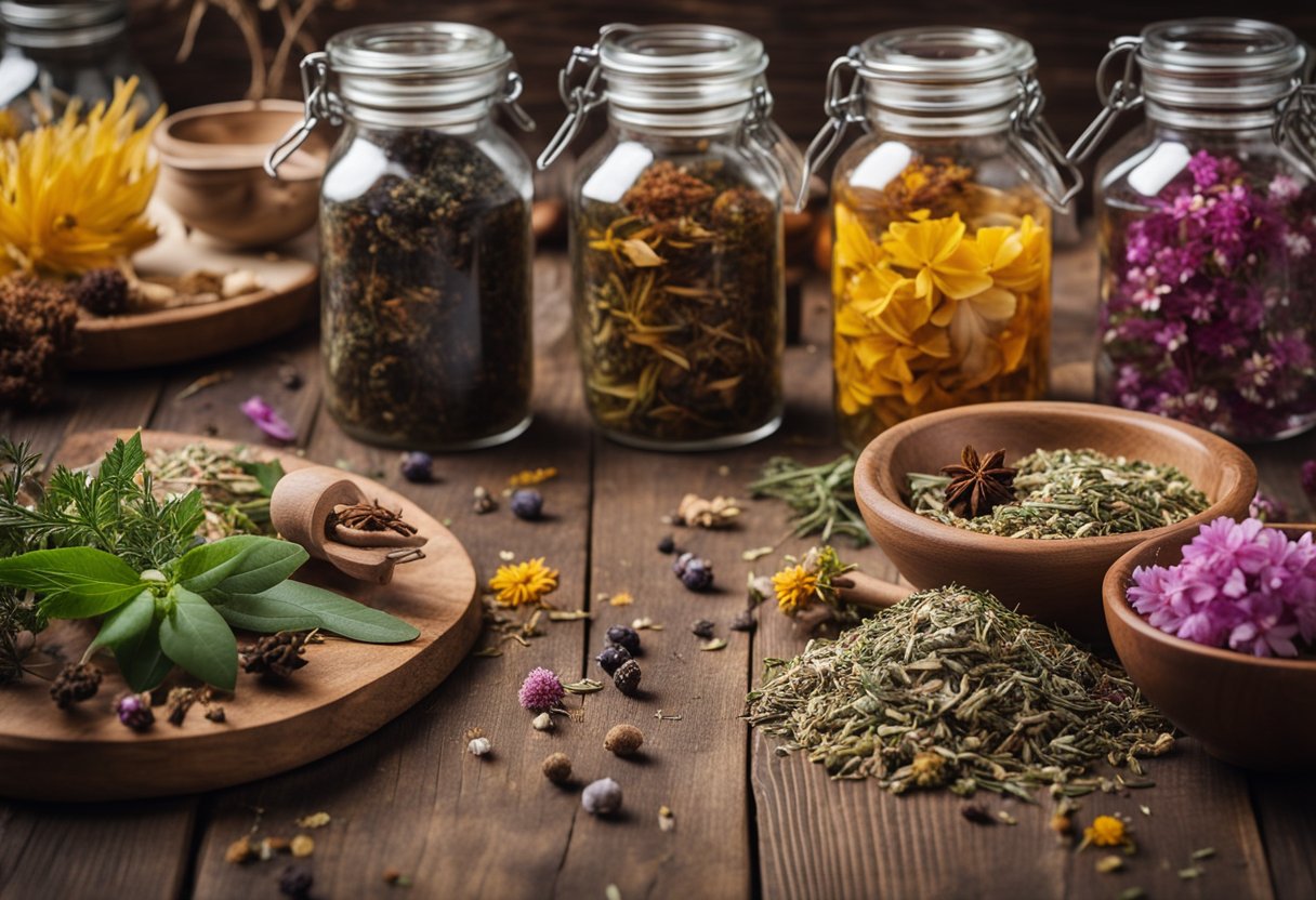 A variety of herbal tea ingredients displayed on a rustic wooden table with an assortment of colorful dried herbs and flowers in glass jars and bowls