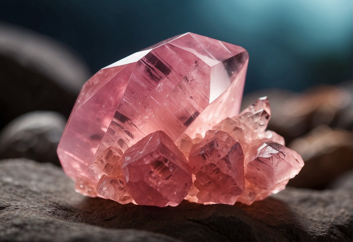 A rhodochrosite crystal glows pink, emitting a soft, warm light. Its surface is smooth, reflecting the surrounding environment