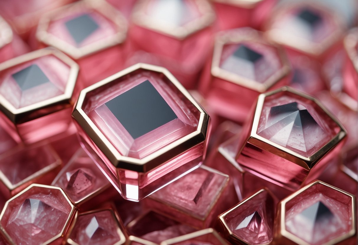 Rhodochrosite crystals form in a geometric pattern, showcasing their pink and white hues. They are arranged in a symmetrical composition, with light reflecting off their smooth surfaces