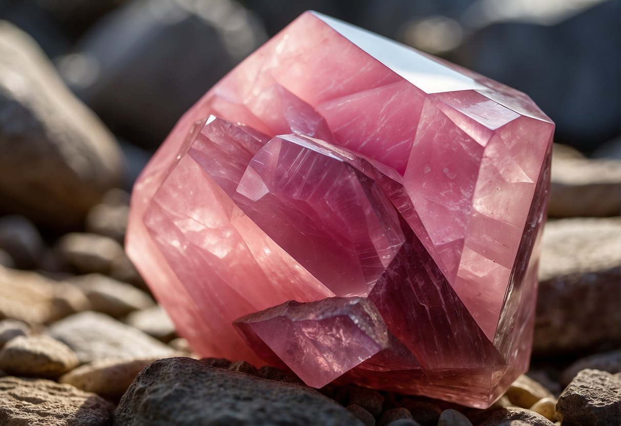 A vibrant pink rhodochrosite crystal sits on a rough, rocky surface, reflecting light and showcasing its intricate, banded patterns