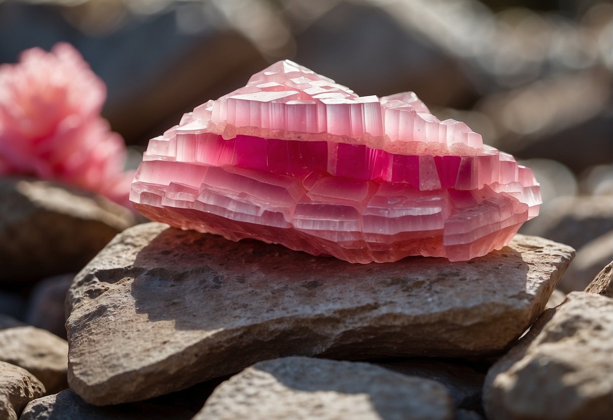 A vibrant pink rhodochrosite crystal forms within layers of rock, reflecting light with its translucent surface