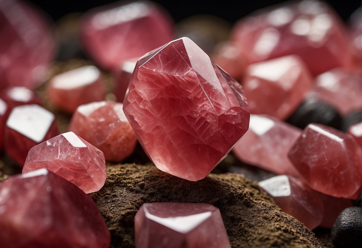 Rhodochrosite is used in jewelry, healing crystals, and ornamental carvings. It can be depicted in a variety of settings, such as a jewelry store display, a crystal healing session, or a lapidary workshop