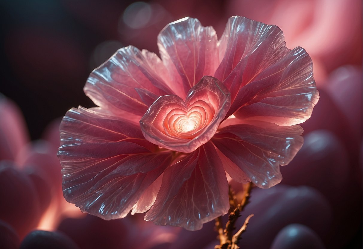 A glowing rhodochrosite crystal emanates energy, surrounded by swirling colors and ethereal light, symbolizing love and compassion