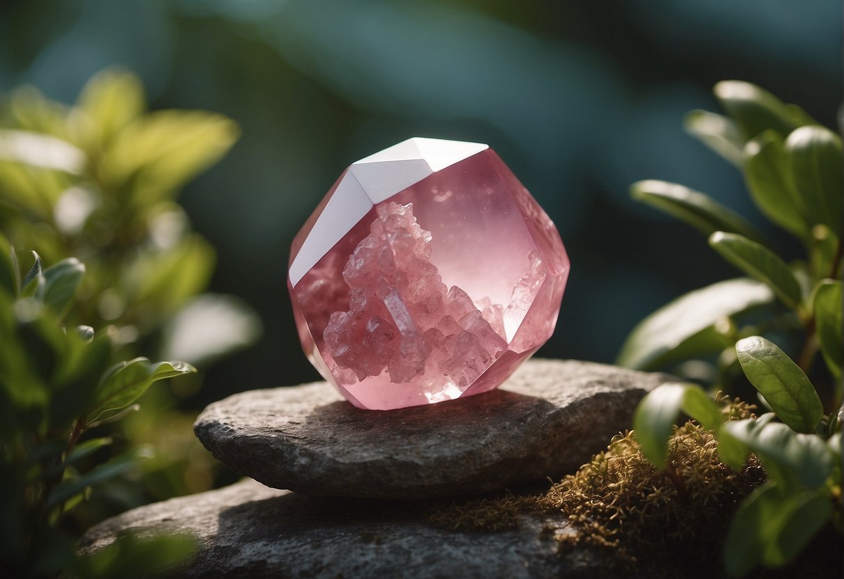 A serene setting with a rhodochrosite crystal placed on a smooth surface, surrounded by soft lighting and natural elements like plants or water