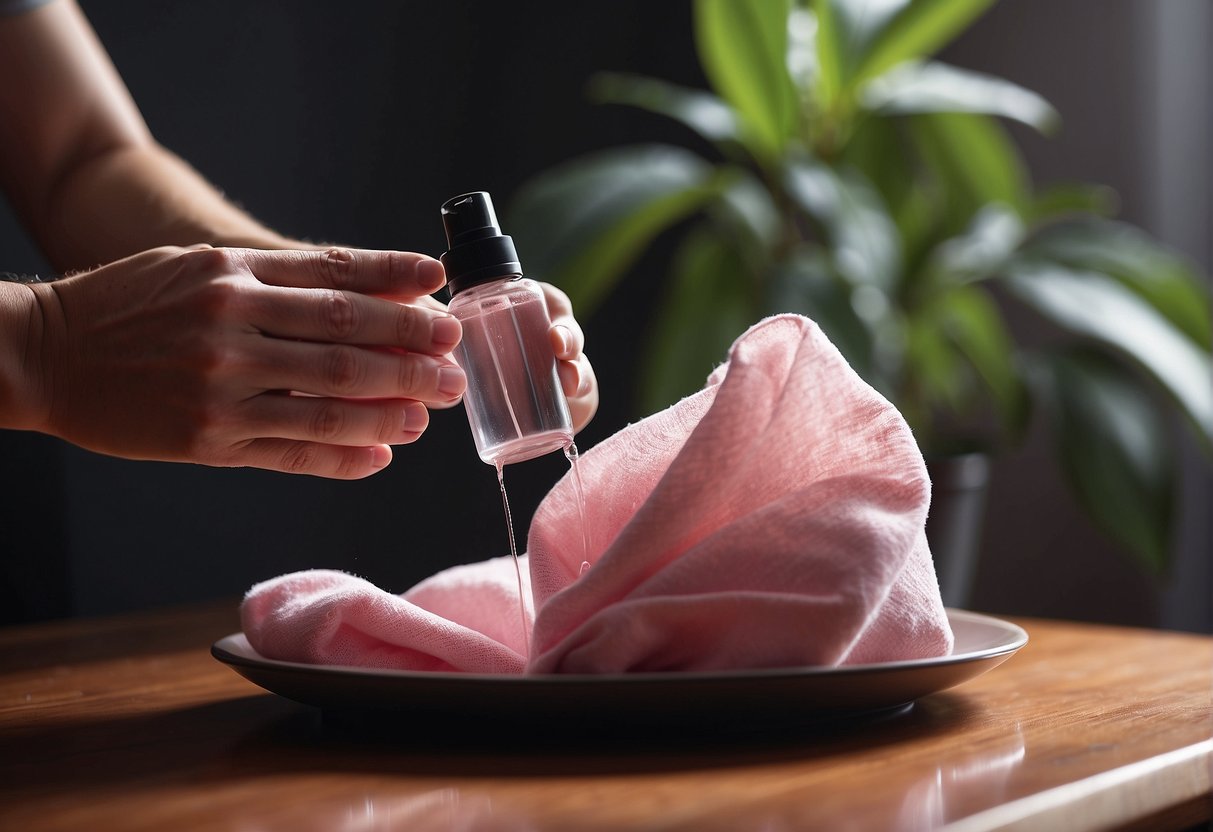 A hand holding a soft cloth gently polishing a smooth, pink rhodochrosite stone, with a small spray bottle nearby for misting