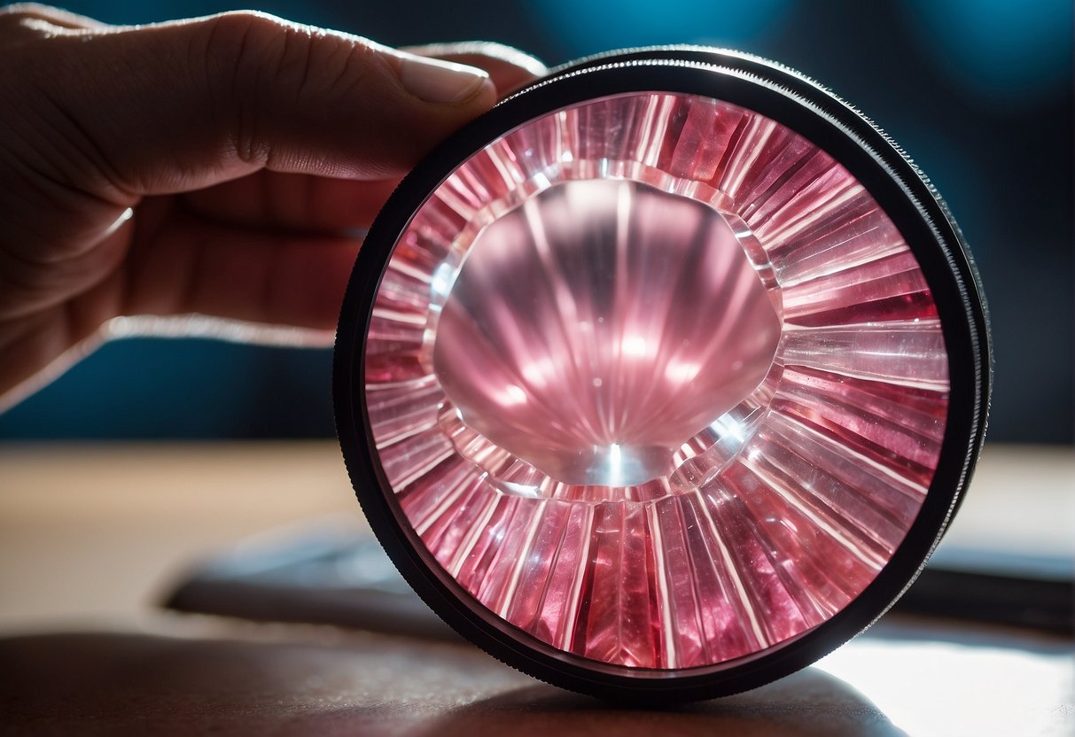 A crystal expert examines rhodochrosite under a magnifying glass, noting its distinct pink color and banding patterns for authenticity