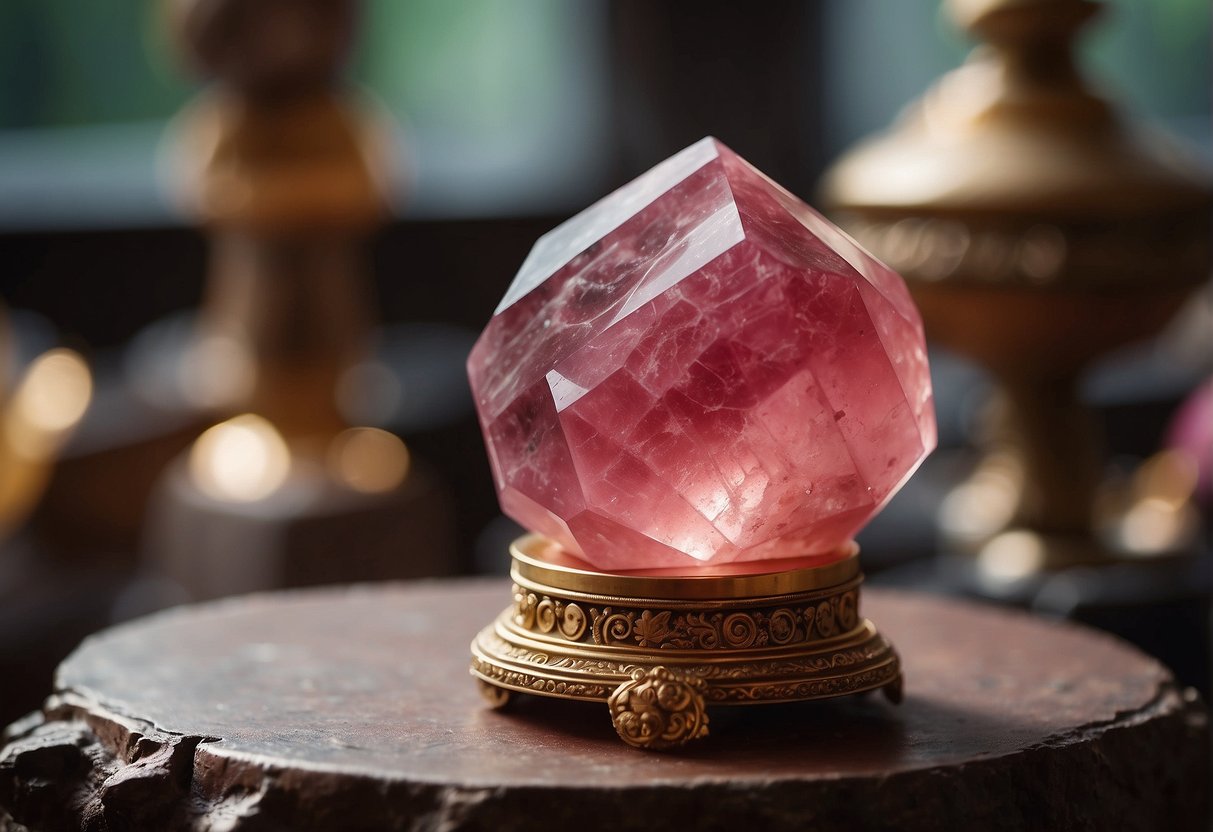 A vibrant rhodochrosite crystal sits atop an ancient ceremonial altar, surrounded by symbols of cultural and historical significance