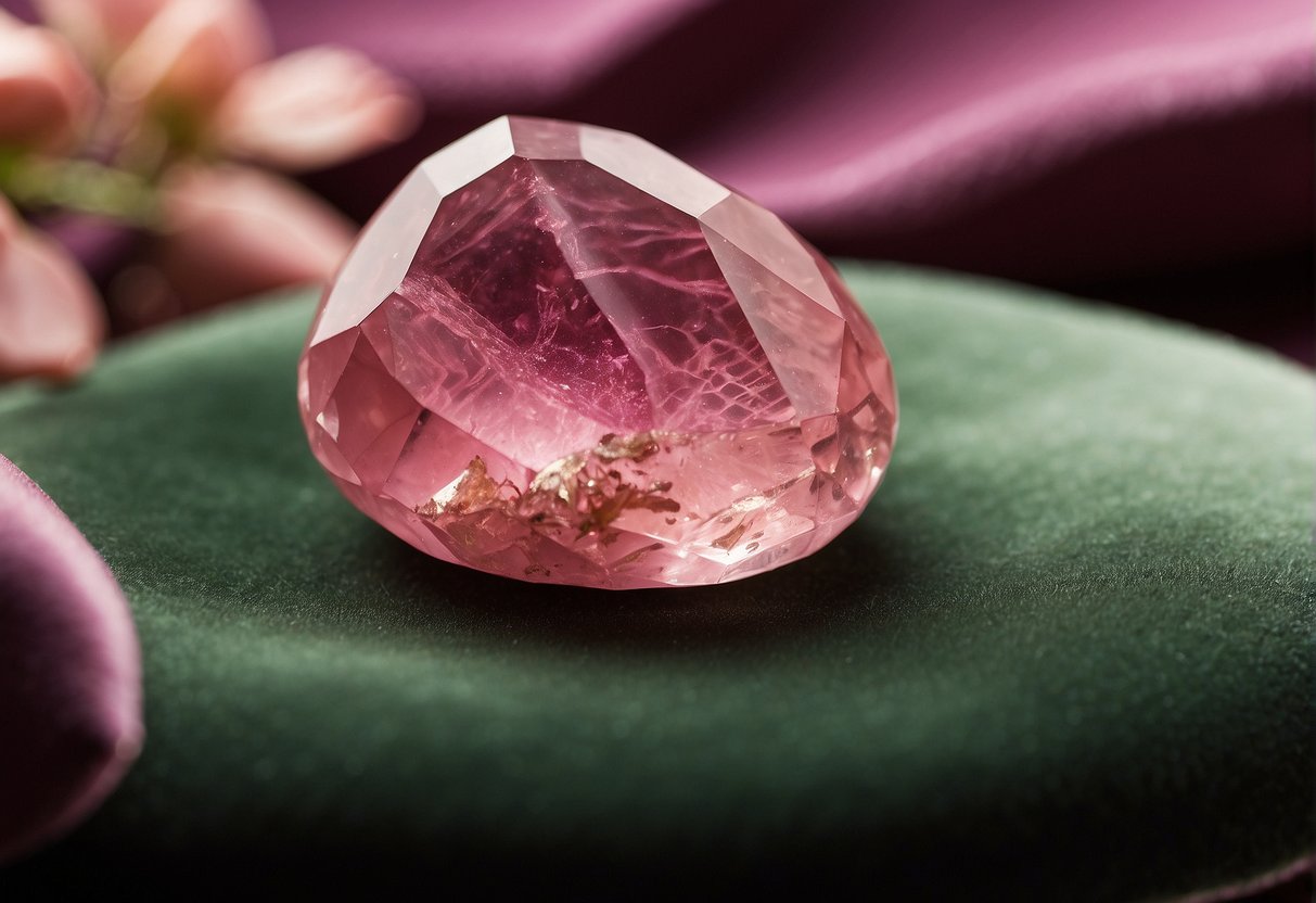 A sparkling rhodochrosite specimen sits on a velvet cushion, surrounded by curious onlookers