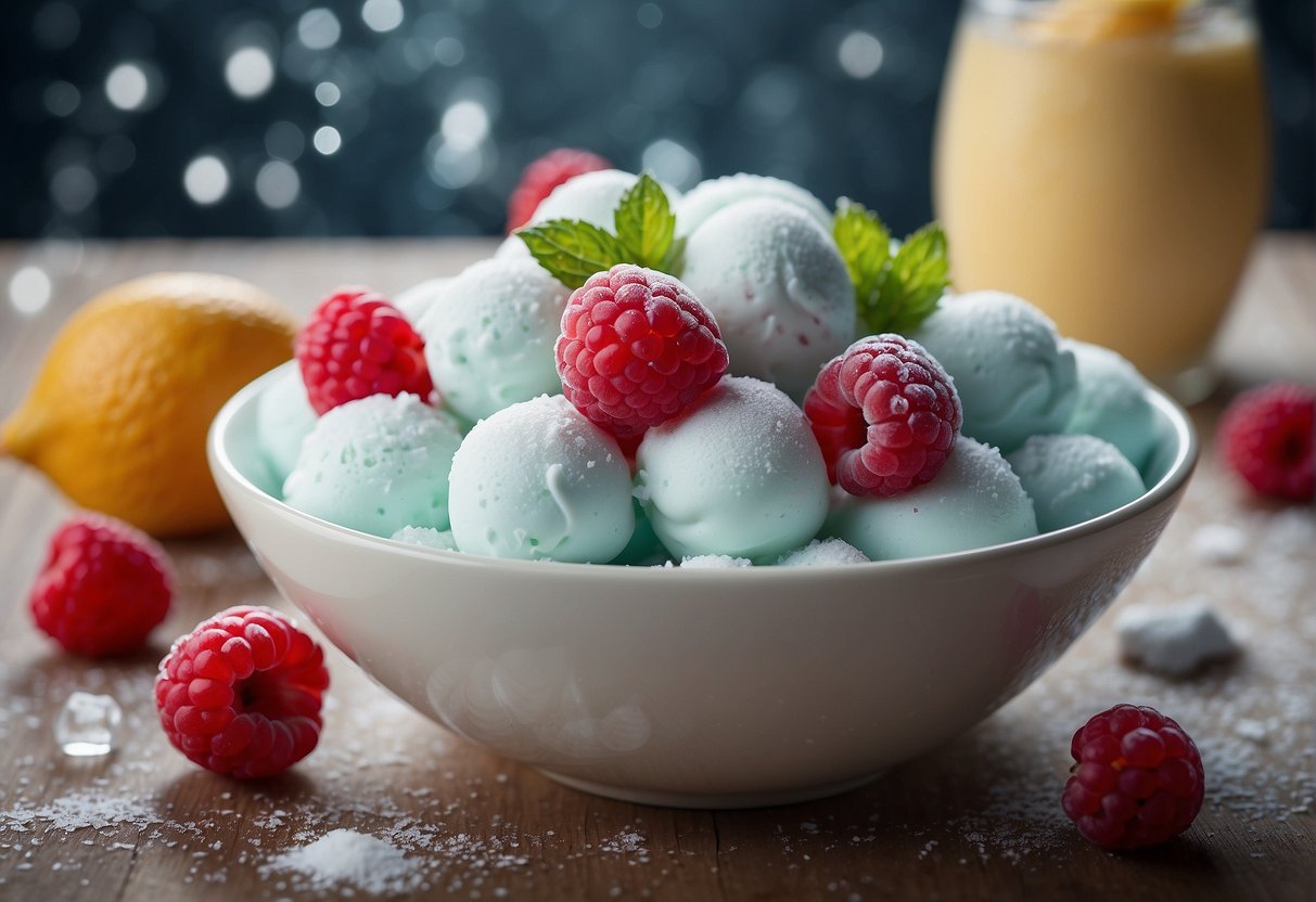 A bowl of frozen yogurt bites, surrounded by swirling frost. The creamy texture and tangy flavor are evident in the vibrant colors and smooth surface
