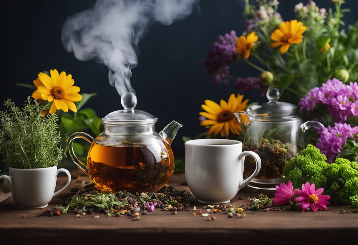 A table with various herbs and tea leaves, surrounded by vibrant flowers and plants. A teapot and cups sit nearby, with steam rising from the freshly brewed herbal tea