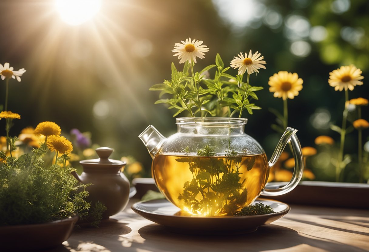 A serene garden with vibrant herbs and flowers, a teapot steaming with herbal tea, and a glowing sun symbolizing vitality and wellness