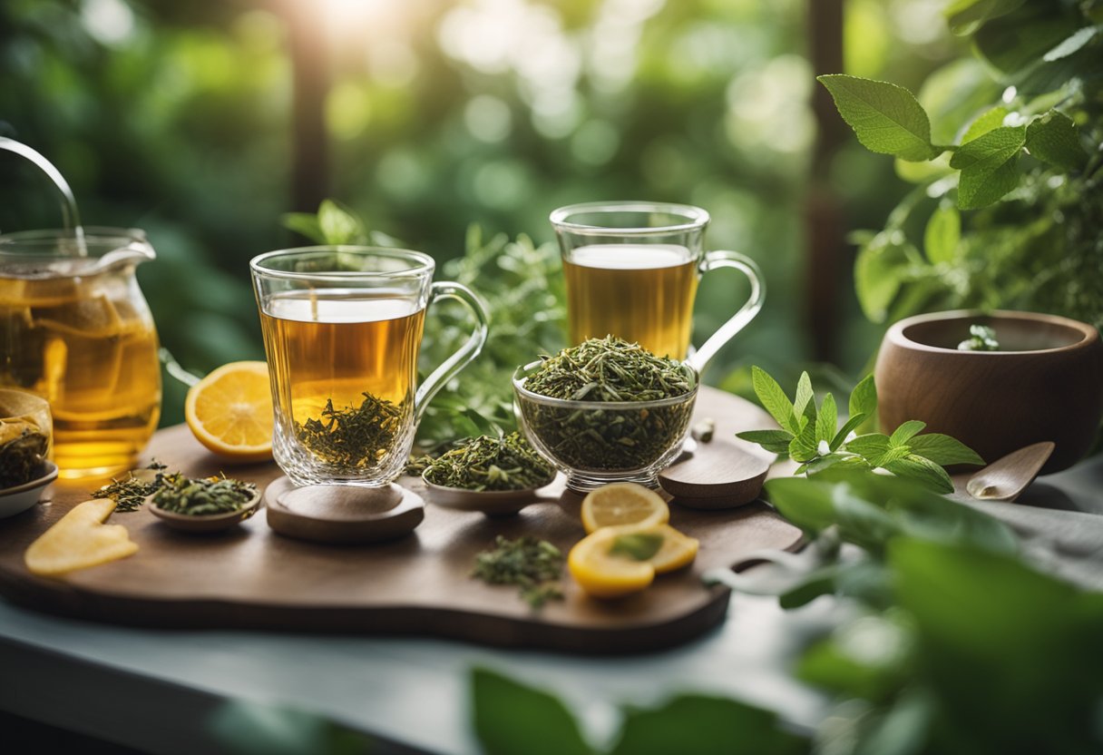 A table adorned with a variety of colorful herbal tea blends, surrounded by vibrant greenery and natural elements, exuding a sense of wellness and vitality