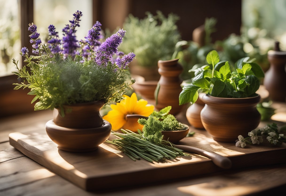 A collection of vibrant and fragrant herbs and flowers arranged on a wooden table, with a mortar and pestle nearby for blending. Sunlight streams in through a window, casting a warm glow over the scene