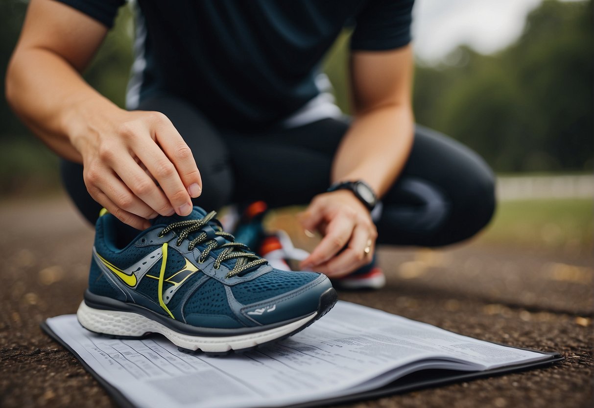 A person laces up running shoes, checks a training plan, and sets a stopwatch for a 5K run in 4 weeks
