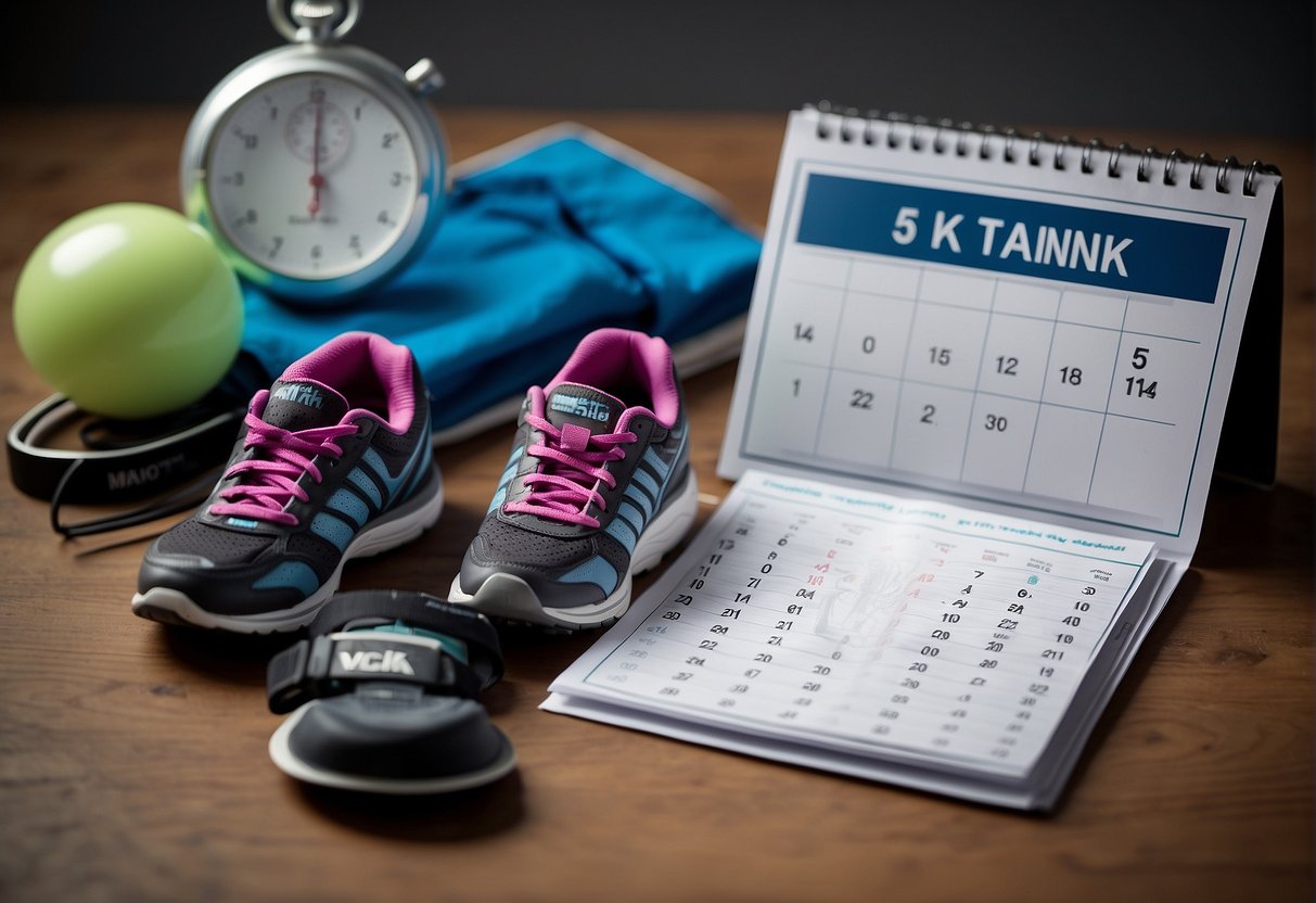 A calendar with 4 weeks marked, each week labeled "5k training." Running shoes and a stopwatch sit nearby