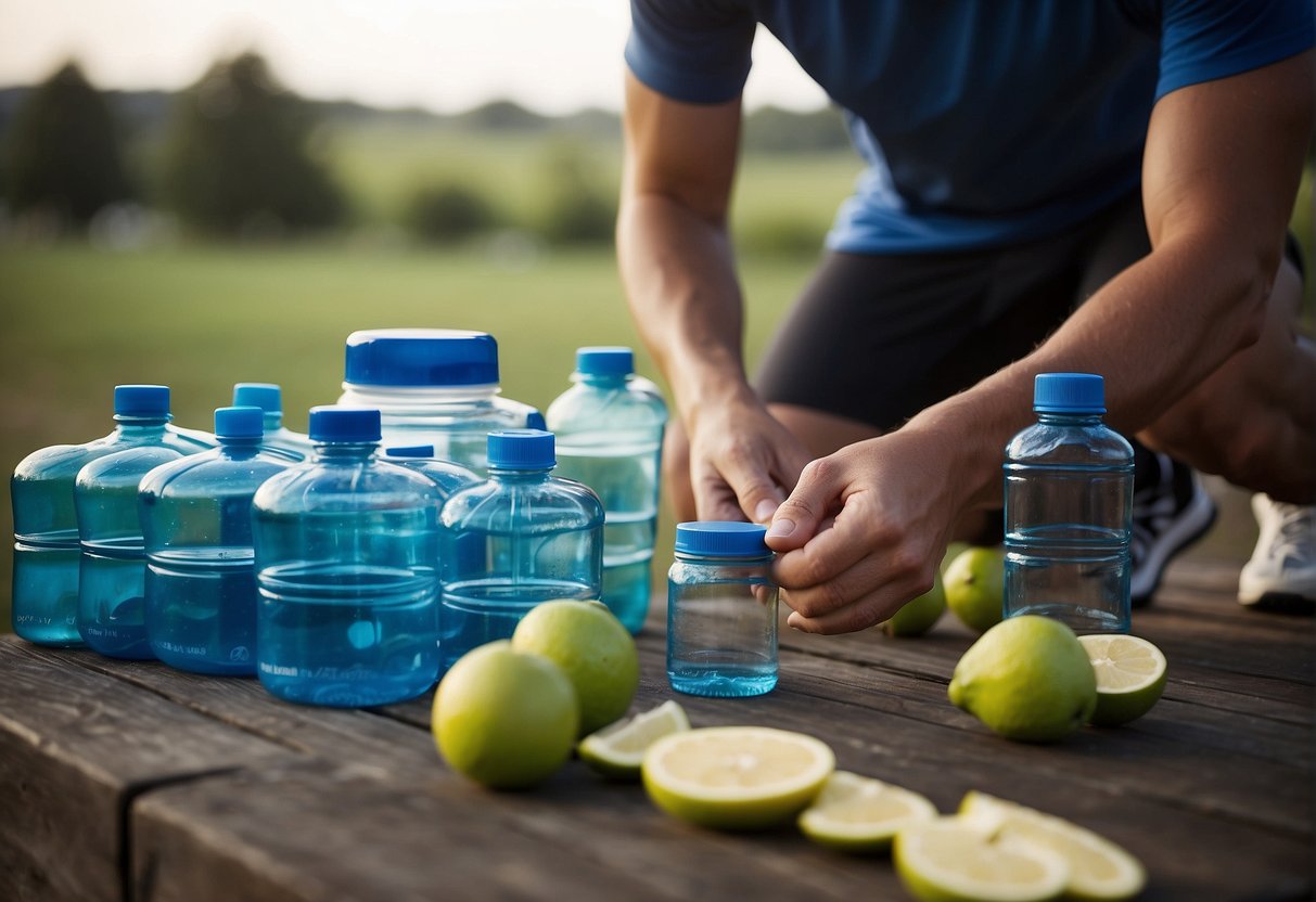 Runners prepare water bottles, fruit, and energy gels for a 5k training plan