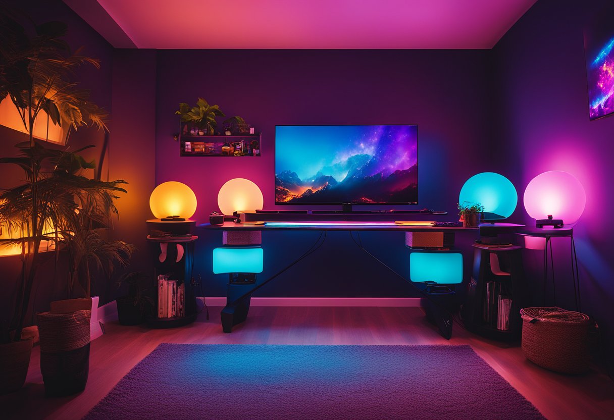 A gamer's room with Philips Hue lighting. Vibrant colors illuminate the space, creating an immersive gaming atmosphere