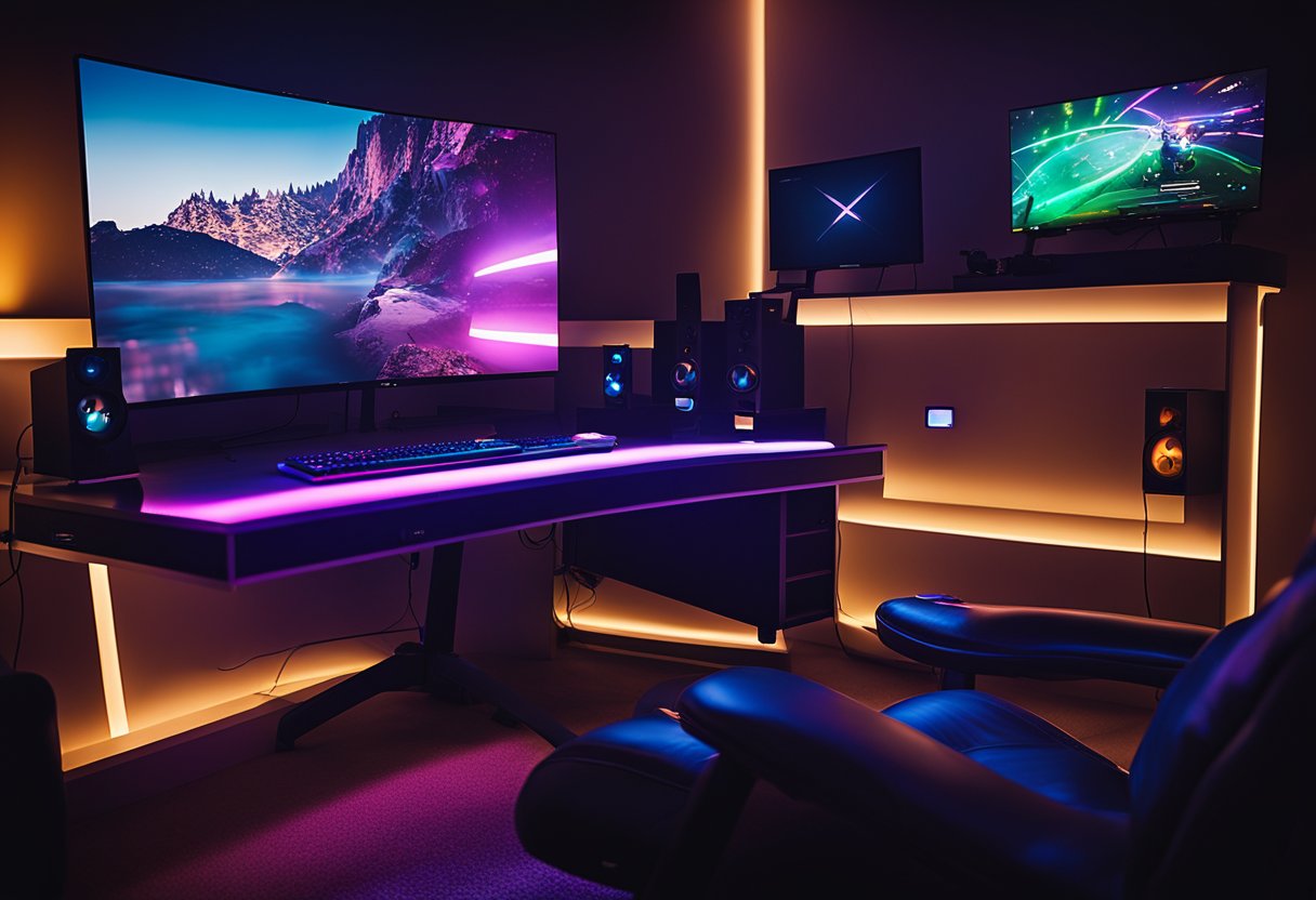 A gaming setup with Philips Hue integration in a dimly lit gamer's room, with colorful lights illuminating the gaming peripherals and creating an immersive atmosphere