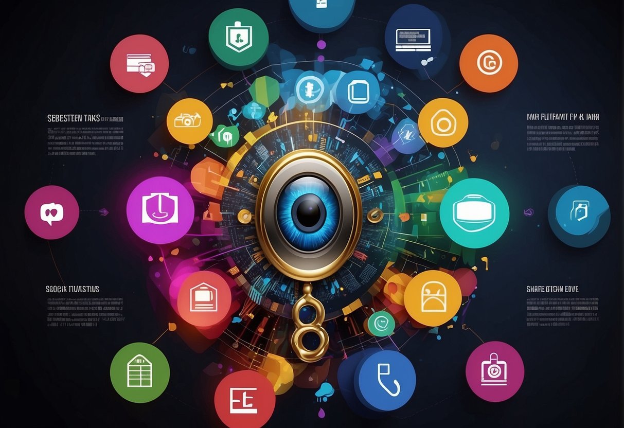 A vibrant, eye-catching graphic featuring a key unlocking a powerful presentation, surrounded by various marketing elements such as graphs, charts, and social media icons