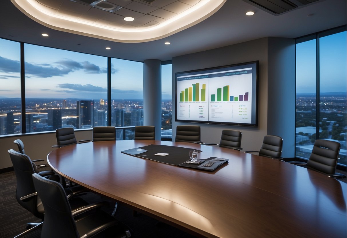A sleek, modern conference room with a large screen displaying dynamic property images and data charts. A polished table holds branded folders and brochures