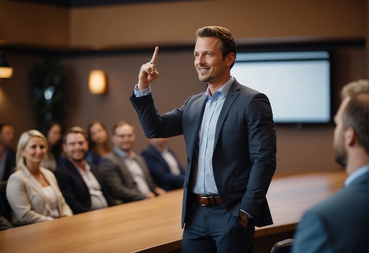 A confident speaker gestures towards a captivating presentation board, surrounded by engaged listeners. The room is filled with energy and excitement