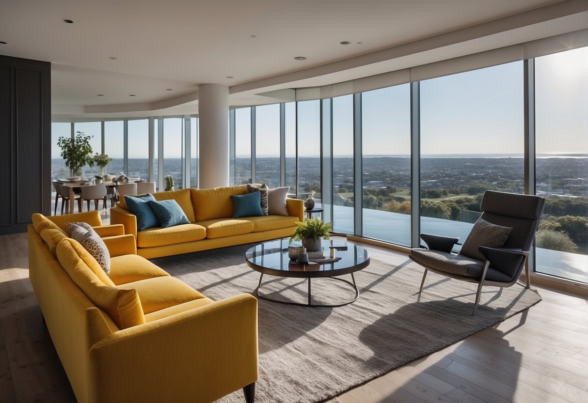A bright, modern living room with floor-to-ceiling windows, showcasing a virtual tour on a large TV screen. Visuals of stunning properties displayed on a sleek tablet