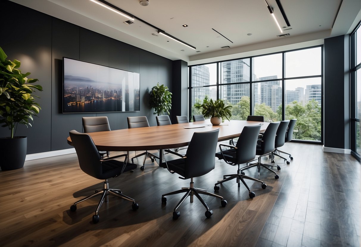A sleek, modern office space with a large presentation screen, a polished conference table, and a row of comfortable chairs. The walls are adorned with sleek, professional artwork, and there are subtle touches of greenery throughout the room