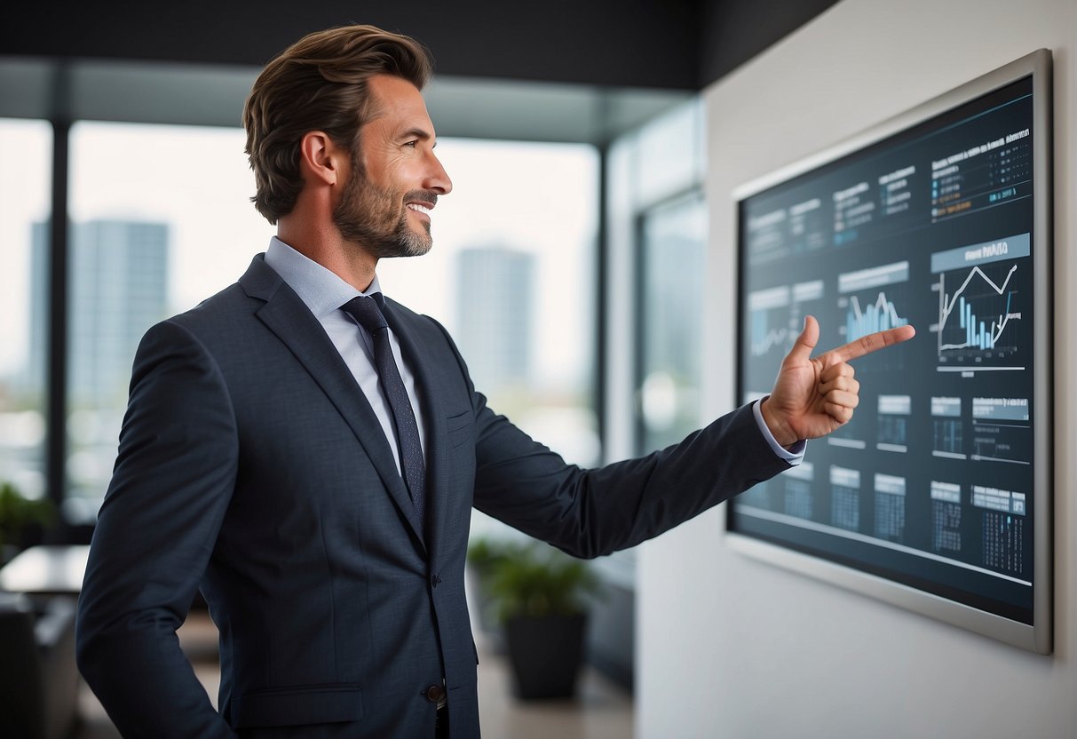 A confident realtor gestures towards a sleek, modern presentation board, showcasing data and visuals to address potential objections