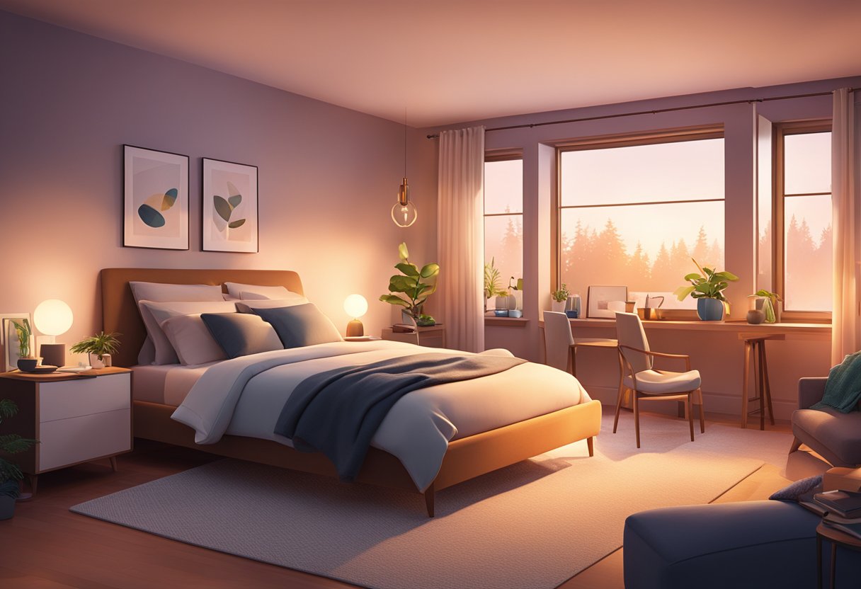 A cozy bedroom with Philips Hue lighting system creating a warm and inviting atmosphere