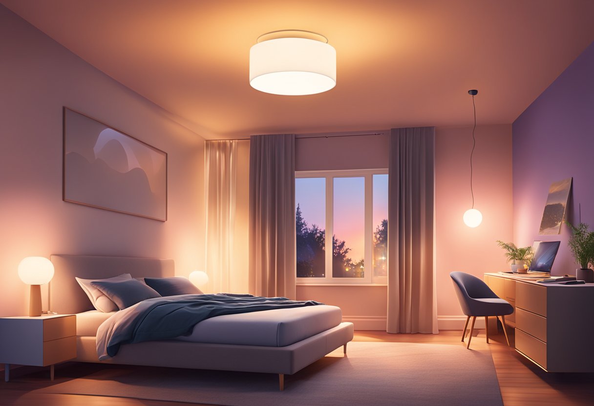 Set up Philips Hue in a bedroom. Soft, warm light illuminates the space, creating a cozy and relaxing atmosphere
