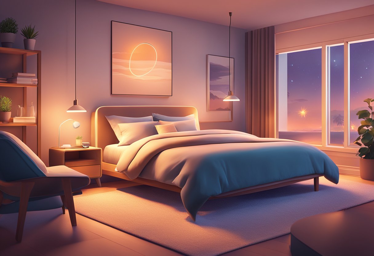 A cozy bedroom with Philips Hue lights integrated, casting a warm and soothing glow throughout the space