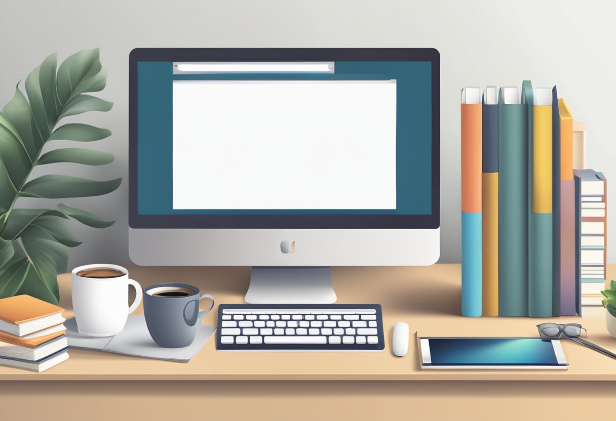 A computer with a blank screen and a keyboard on a desk, surrounded by design books and a cup of coffee