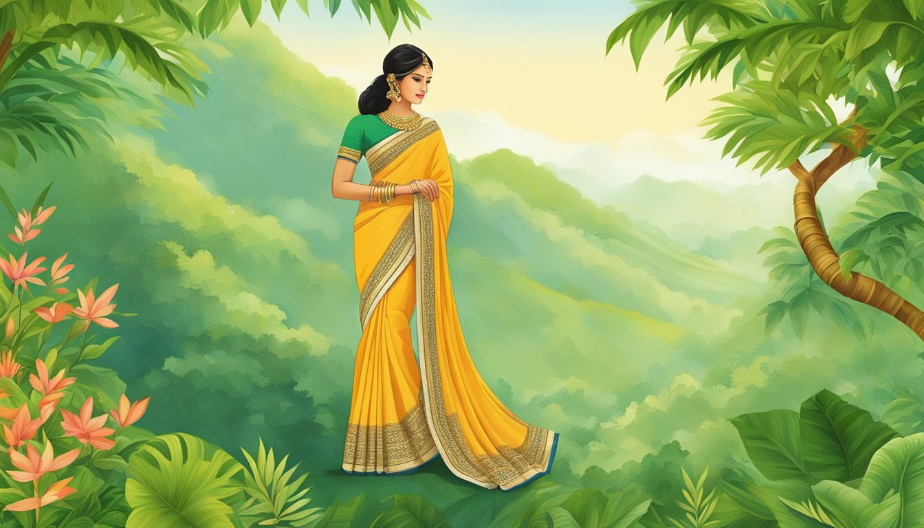 A traditional Kasavu saree unfurls against a backdrop of lush greenery, showcasing its intricate golden zari border and fine cotton fabric