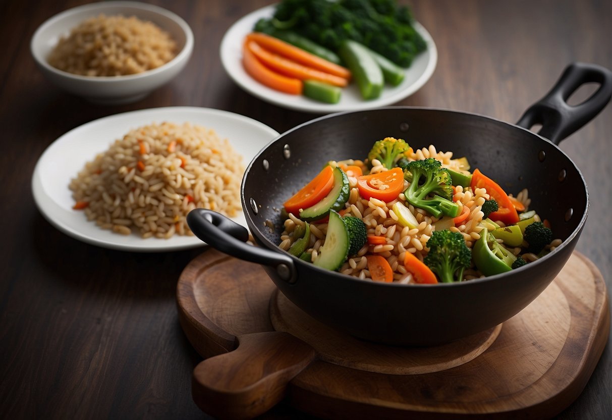A wok sizzles with stir-fried vegetables and fluffy brown rice, infused with soy sauce and fragrant spices