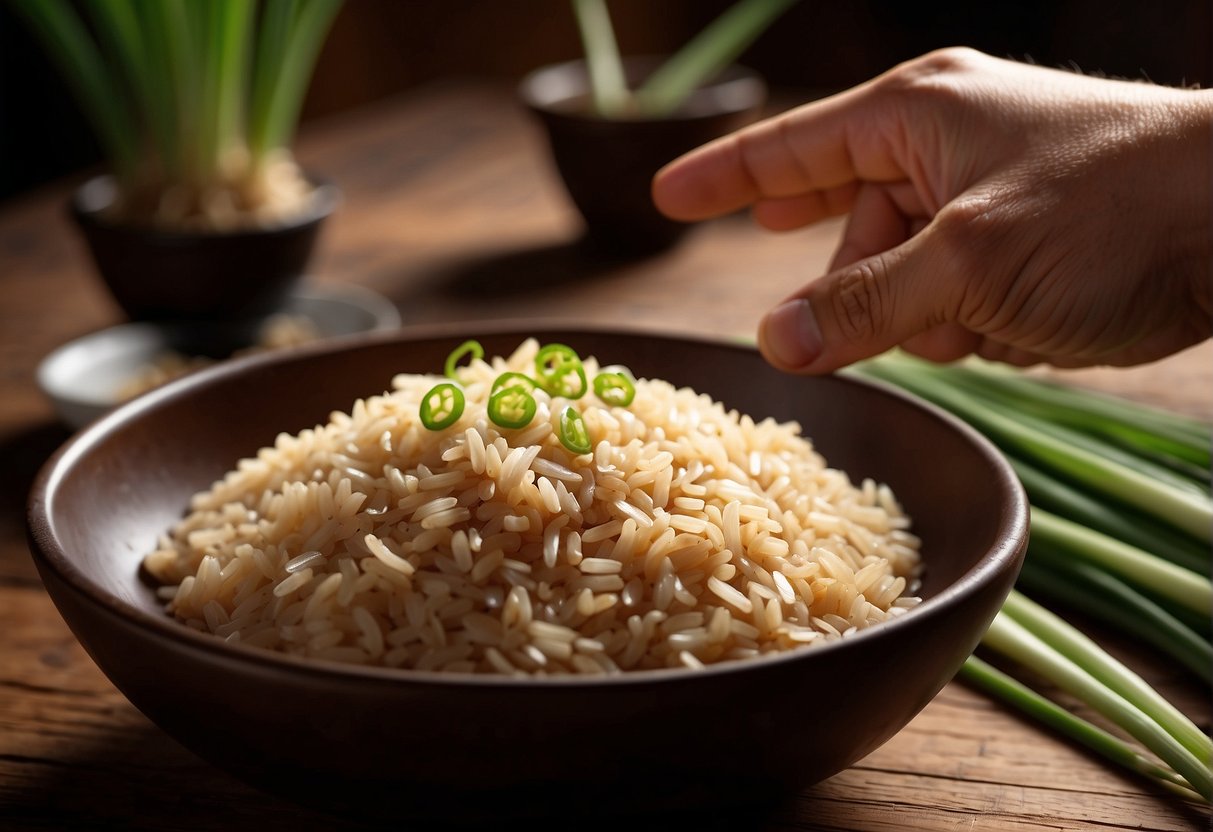 A hand reaching for a bowl of brown rice, soy sauce, ginger, and green onions on a wooden table