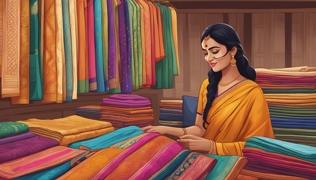 A woman browses through an array of Kasavu sarees online, carefully examining the intricate designs and vibrant colors. She compares prices and reads customer reviews before making her final selection