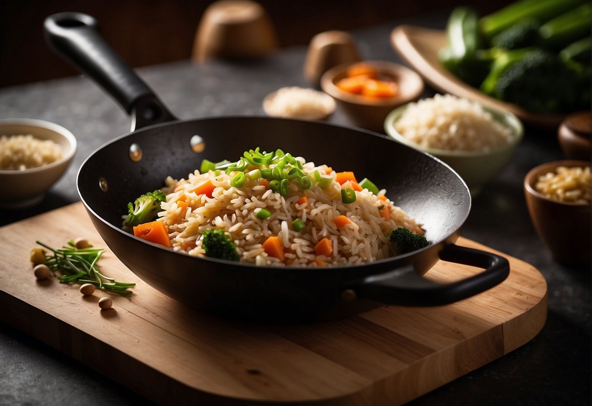 A wok sizzles with cooked brown rice, soy sauce, and vegetables. A chef's knife and cutting board sit nearby, ready for preparation