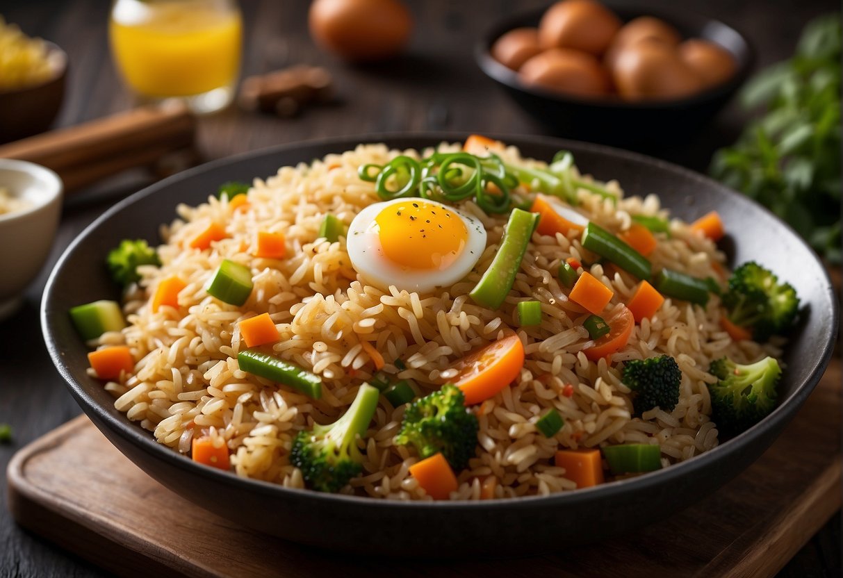 A wok sizzles as brown rice, eggs, and vegetables are tossed together with soy sauce and spices, creating the perfect Chinese fried rice